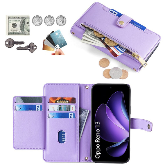 Etui z klapką do Oppo Reno 13, Wallet Zipper Pocket, fioletowe