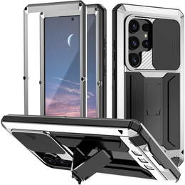 Etui pancerne do Samsung Galaxy S25 Ultra, R-JUST, z przesłoną aparatu i podstawką, srebrne