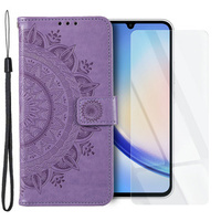 Zestaw Etui do Samsung Galaxy A34 5G, portfel ze wzorem Mandala z klapką, fioletowe + szkło