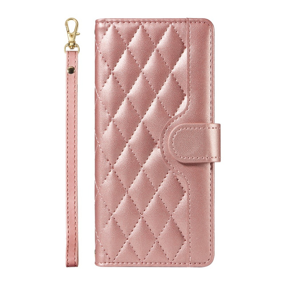 Etui z klapką do iPhone 16E, Rhombus Crossbody Leather, różowe rose gold