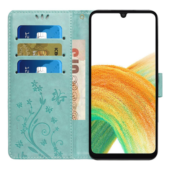 Etui z klapką do Samsung Galaxy A25 5G, Butterfly, miętowe + szkło 9H