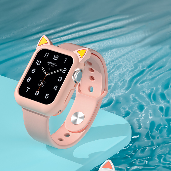Etui Silikonowe do Apple Watch 4/5/6/SE 44mm, Kocie Uszy, Różowe