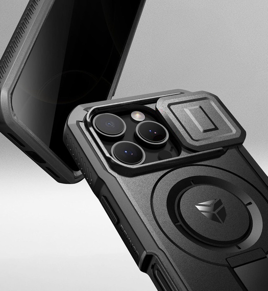 Etui pancerne do iPhone 16 Pro, Dexnor CamProtect MagSafe, z folią prywatyzującą - czarne (Dwie ramki)