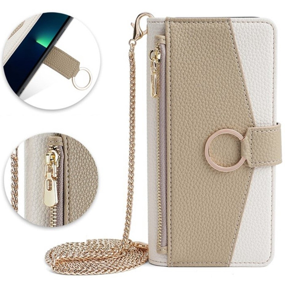 Etui z klapką do iPhone 14 Pro, Wallet Zipper Pocket, z lusterkiem, białe