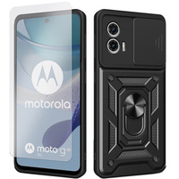 Zestaw Etui do Motorola Moto G53 5G pancerne, z ochroną aparatu i ringiem, czarne + szkło