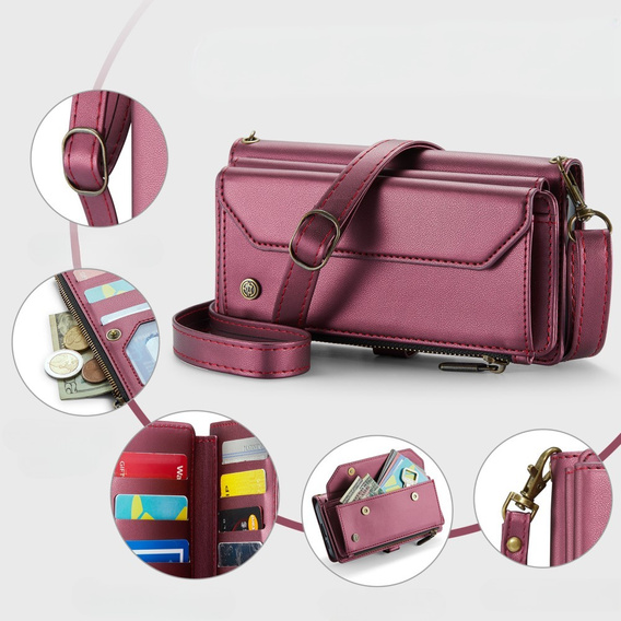 Etui CASEME do Samsung Galaxy S24 FE, RFID Leather Wallet, z paskiem na ramię, czerwone