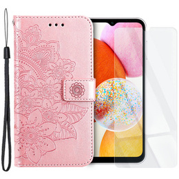 Zestaw Etui z klapką do Samsung Galaxy A14 4G/5G, portfel Mandala i kwiaty, różowe rose gold + szkło