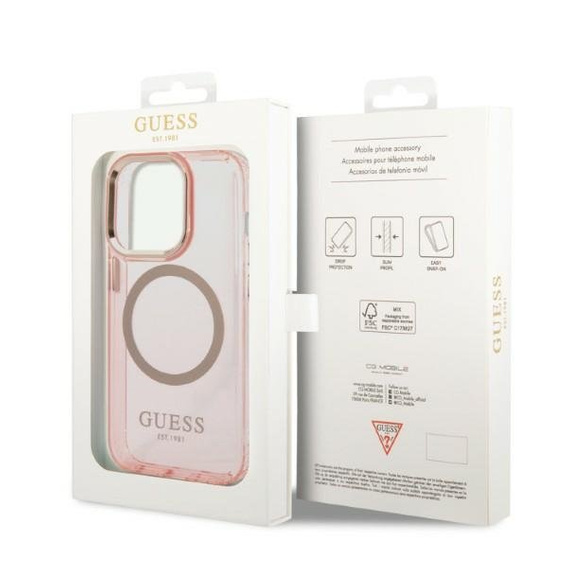 Etui GUESS do iPhone 14 Pro, Gold Outline Translucent MagSafe, różowe