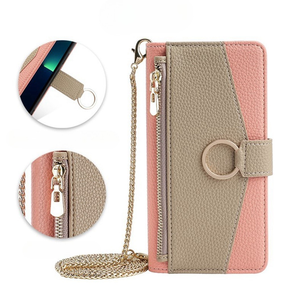 Etui z klapką do Samsung Galaxy A56 5G, Wallet Zipper Pocket, z lusterkiem, różowe