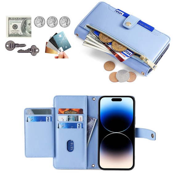 Etui z klapką do iPhone 14 Pro, Wallet Zipper Pocket, niebieskie