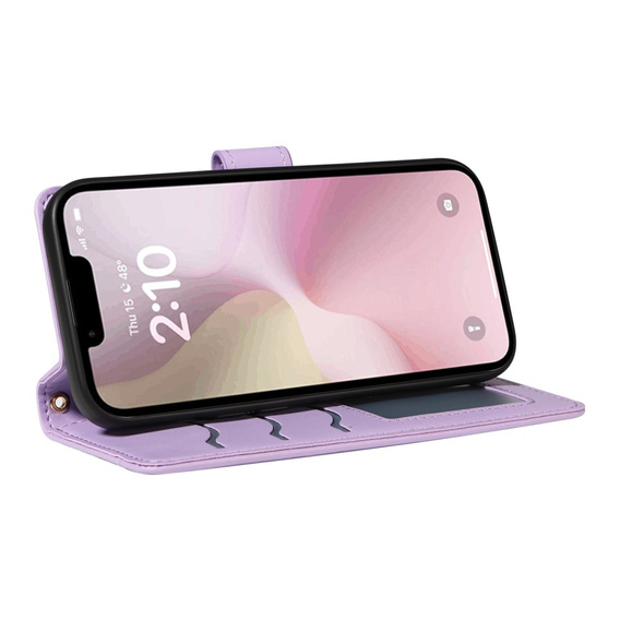 Etui z klapką do iPhone 16E, Rhombus Crossbody Leather, fioletowe
