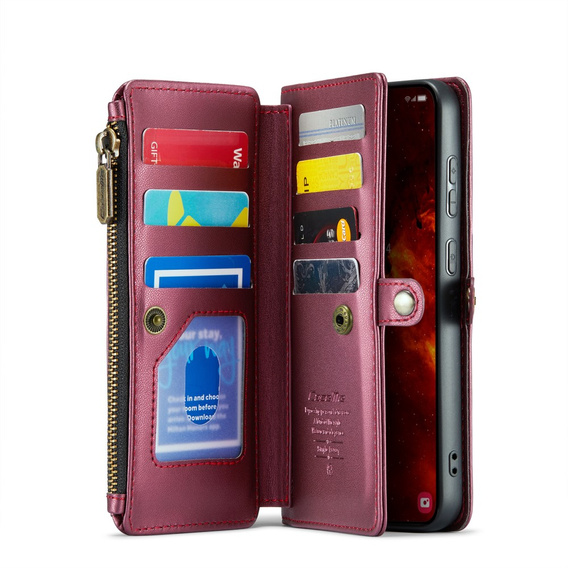 Etui CASEME do Samsung Galaxy S24 FE, RFID Leather Wallet, z paskiem na ramię, czerwone