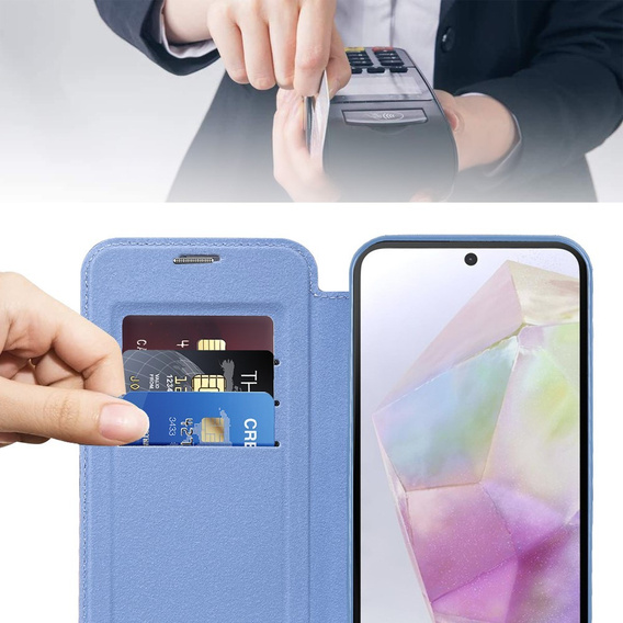 Etui z klapką do Samsung Galaxy A36 5G, RFID Wallet MagSafe z ochroną aparatu, niebieskie