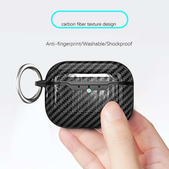 Etui do AirPods Pro 3 z fakturą włókna węglowego, z karabińczykiem - czarne