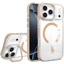 Etui do iPhone 17 Pro Max, do MagSafe, z podstawką, przezroczyste ze złotymi akcentami