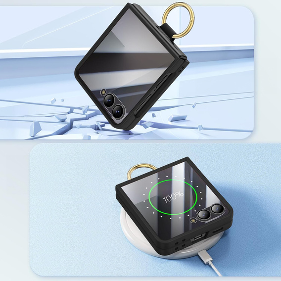 Etui Ring Holder do Samsung Galaxy Z Flip7 5G, ze szkłem na ekran zewnętrzny, czarne