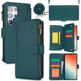 Etui z klapką do Samsung Galaxy S24 Ultra, Wallet Zipper Pocket RFID, z paskiem na ramię, zielone