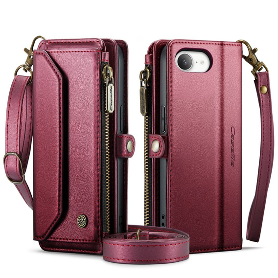 Etui CASEME do iPhone 16e RFID Leather Wallet, RFID Leather Wallet, z paskiem na ramię, czerwone