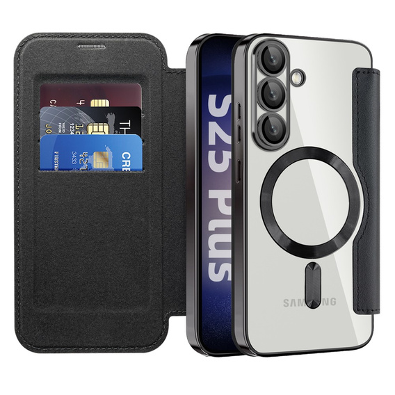 Etui z klapką do Samsung Galaxy S25+ Plus, RFID Rhombus Wallet MagSafe z ochroną aparatu, czarne