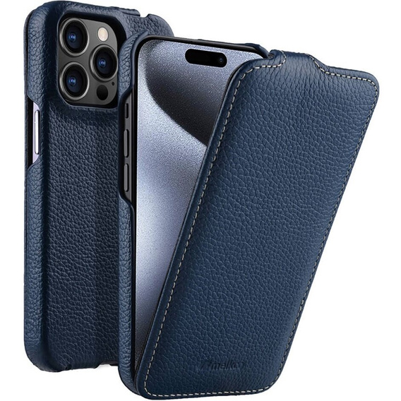 Etui MELKCO z klapką do iPhone 15 Pro, skórzane, flip, granatowe