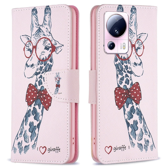 Etui z klapką do Xiaomi 13 Lite, Wallet, Giraffe różowe