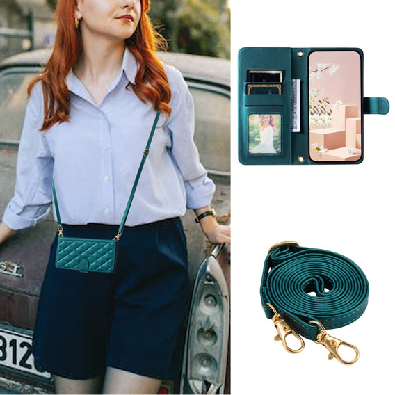 Etui z klapką do Xiaomi Redmi Note 13 Pro 4G / Xiaomi Redmi Note 14S / Xiaomi Poco M6 Pro 4G, Rhombus Crossbody Leather, ciemnozielone