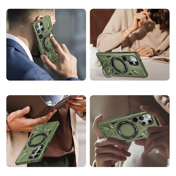 Etui do Samsung Galaxy S24 Ultra, pancerne z podstawką i blaszką do uchwytu, zielone