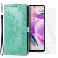 Zestaw Etui z klapką do Xiaomi Redmi Note 12S, Mandala, zielone + Szkło