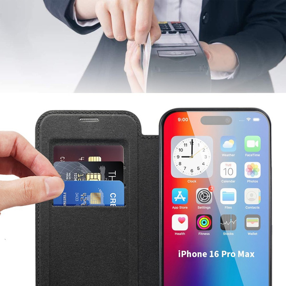 Etui z klapką do iPhone 16 Pro, RFID Wallet MagSafe z ochroną aparatu, czarne