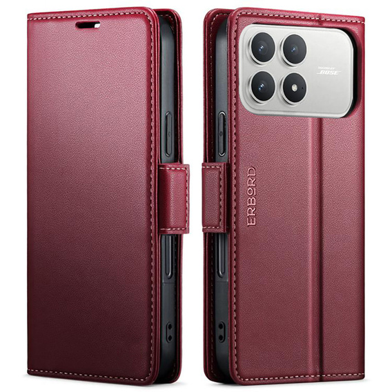 Etui do Xiaomi Poco F8 Pro, ERBORD Glossy Litchi, portfel z klapką, czerwone