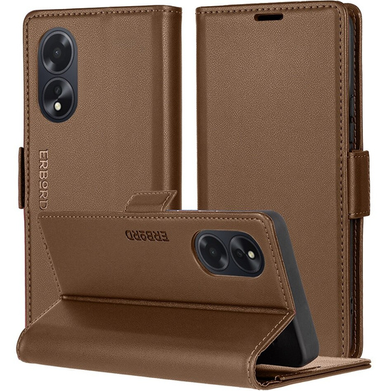 Etui do Oppo A18 4G / A38 4G, ERBORD Glossy Litchi, portfel z klapką, brązowe