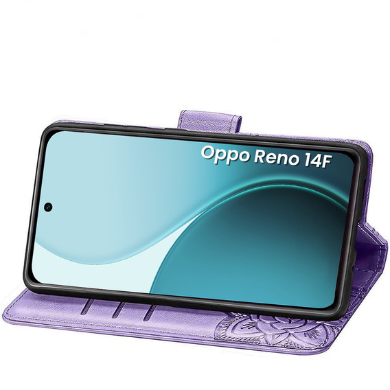 Etui z klapką do Oppo Reno 14 F / 14 FS, z wytłoczonym wzorem motyla, fioletowe