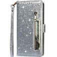 Etui z klapką do Samsung Galaxy A55, Wallet Zipper Pocket Glittery, srebrne