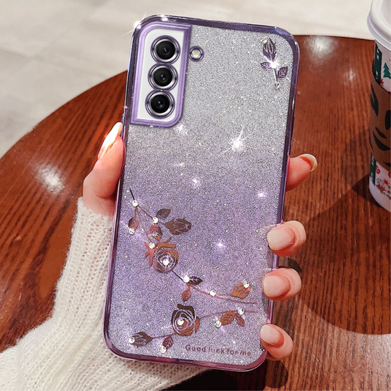 Etui do Samsung Galaxy S21 FE, Glitter Flower, fioletowe