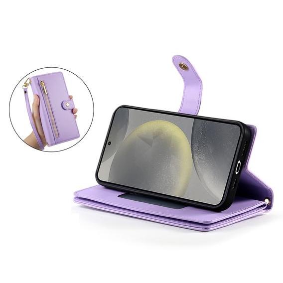 Etui z klapką do Samsung Galaxy S25, Wallet Zipper Pocket, fioletowe