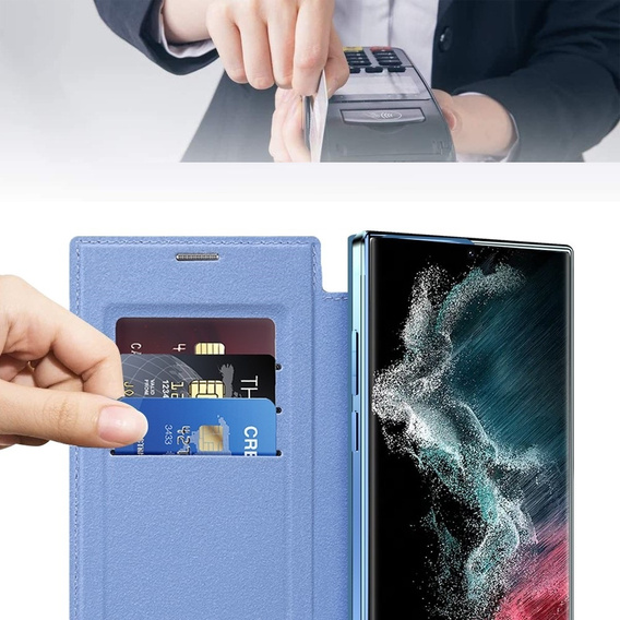 Etui z klapką do Samsung Galaxy S22 Ultra 5G, RFID Wallet MagSafe z ochroną aparatu, niebieskie