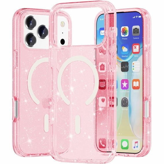 Etui do iPhone 17 Pro Max, do MagSafe, brokatowe, półprzezroczyste różowe