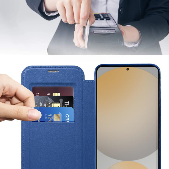 Etui z klapką do Samsung Galaxy S25 FE, RFID Wallet MagSafe z ochroną aparatu, granatowe