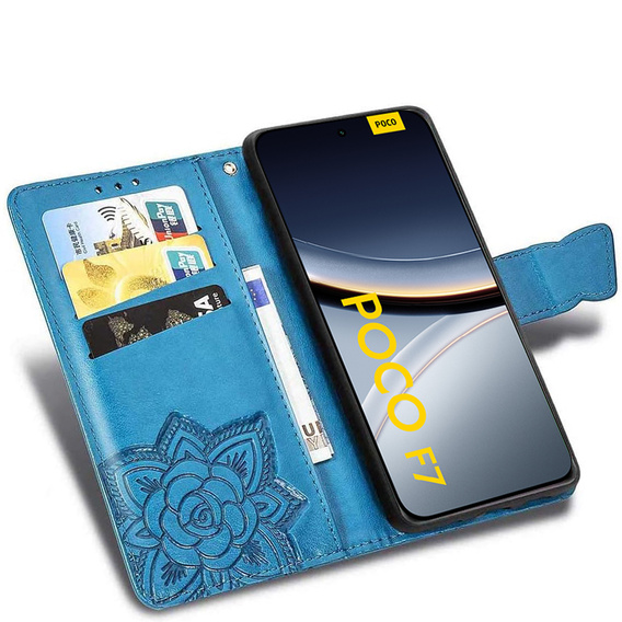 Etui z klapką do Xiaomi Poco F7, Butterfly, niebieskie