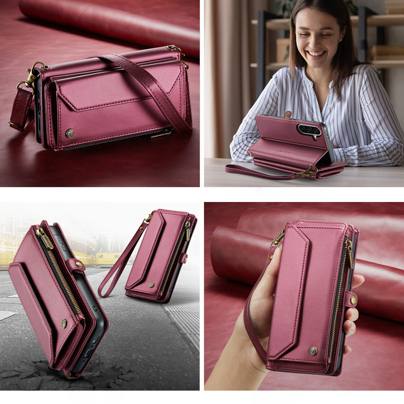 Etui portfelowe z zamkiem i paskami do Samsung Galaxy A17 5G - czerwone