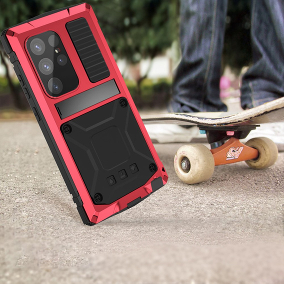 Etui pancerne do Samsung Galaxy S25 Ultra, R-JUST z podstawką pod obiektywami, czerwone