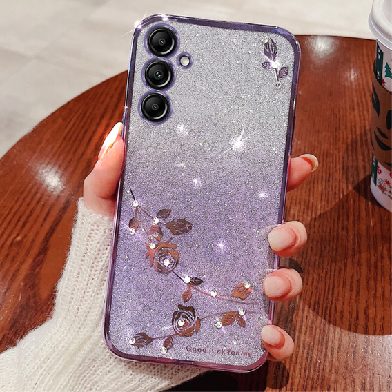 Etui do Samsung Galaxy A15, Glitter Flower, fioletowe + szkło