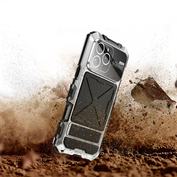 Etui R-Just RJ09-1 do iPhone 16 Pro – srebrne, aluminiowe, z silikonową ramką i szkłem hartowanym
