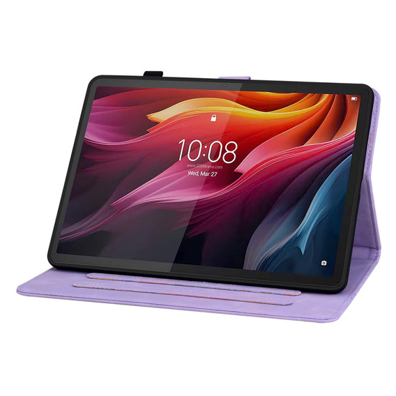 Etui do Lenovo Tab K11 Plus – fioletowe, z tłoczonym motywem lilii, z kieszeniami na karty