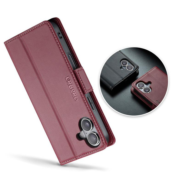 Etui do iPhone 17, ERBORD Glossy Litchi, portfel z klapką, czerwone