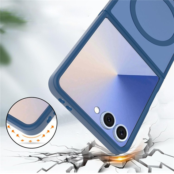 Samsung Galaxy Z Flip7 w niebieskim etui z TPU i akrylowymi pleckami, widok ochrony przed zarysowaniami