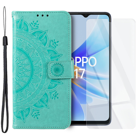 Zestaw Etui do Oppo A17, portfel ze wzorem Mandala z klapką, zielone + Szkło 9H