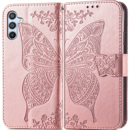 Etui z klapką do Samsung Galaxy A17 5G, z wytłoczonym wzorem motyla, różowe rose gold