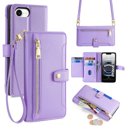 Etui z klapką do iPhone 16E, Wallet Zipper Pocket, fioletowe