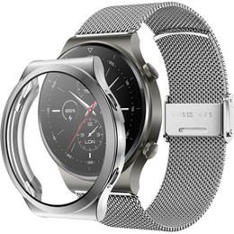 Bransoleta Milanese + Etui z osłoną na ekran do Huawei Watch GT 2 Pro, Srebrny